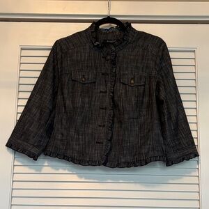 Sandro Charcoal Denim Jacket, ruffle trim, Size petite M